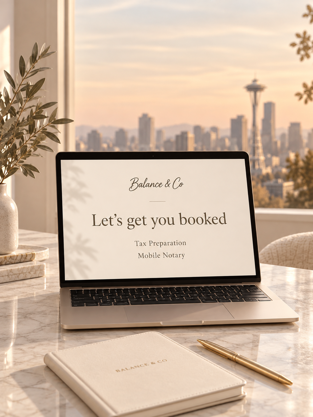 A gold laptop and ivory notebook on a marble desk overlooking Seattle at sunset