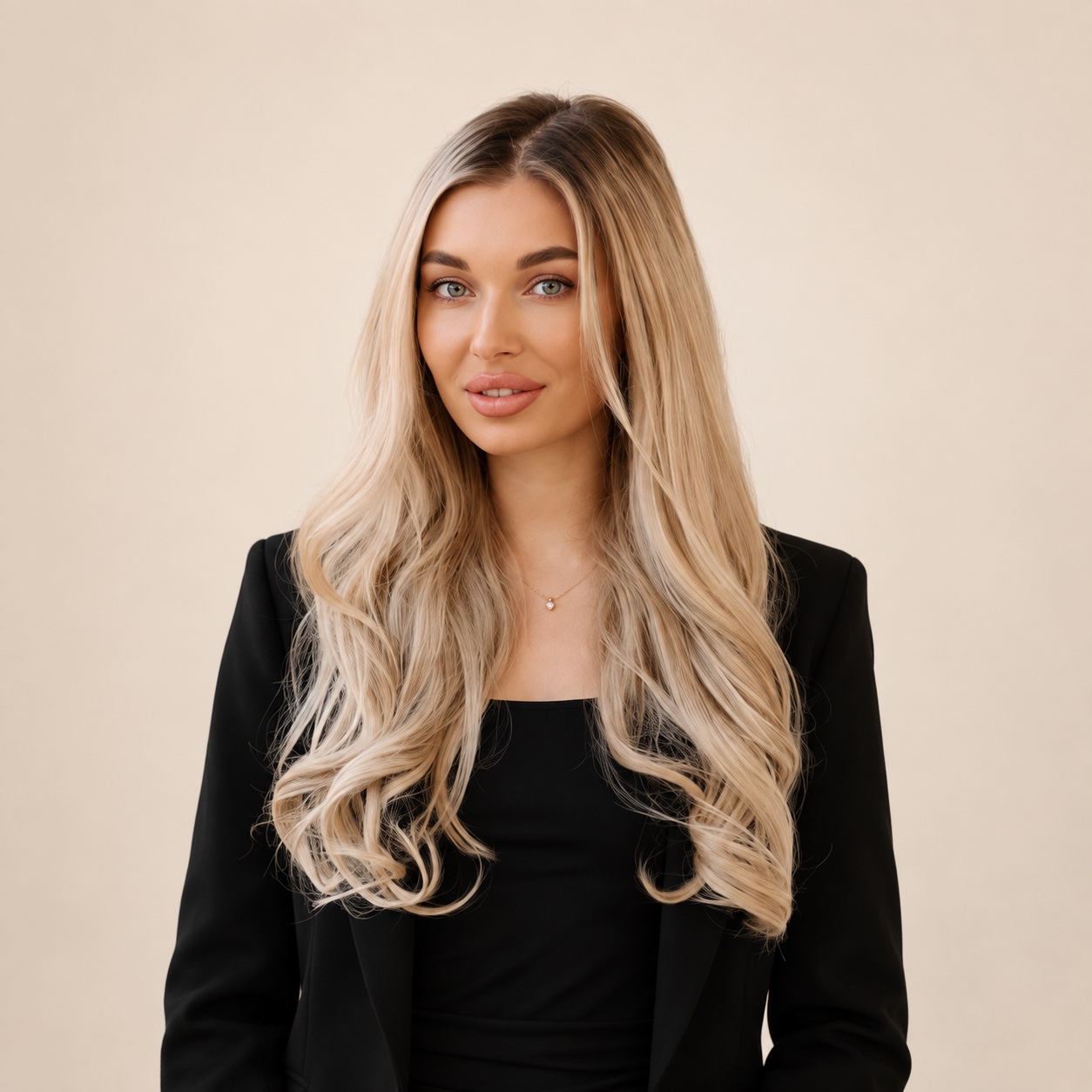 Masha in her original black blazer portrait, with her natural blonde hair